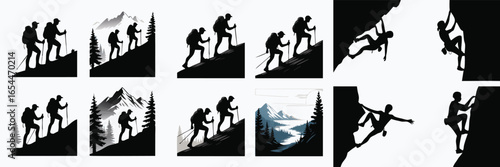 Silhouettes of Hikers and Climbers Outdoor Adventure Illustration with Mountain and Rock Climbing Scenes