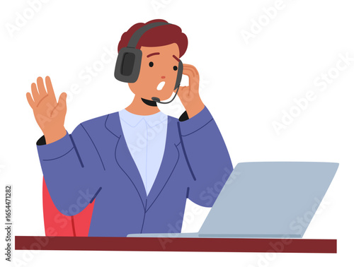 Man cartoon character assisting at online crisis hot line encouraging psychological support