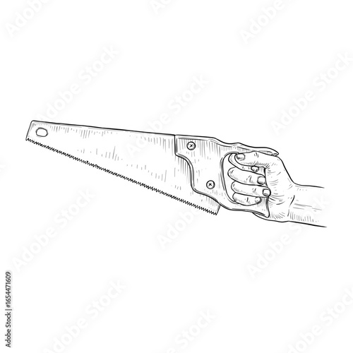 hand holding saw vector line art hand drawn illustration