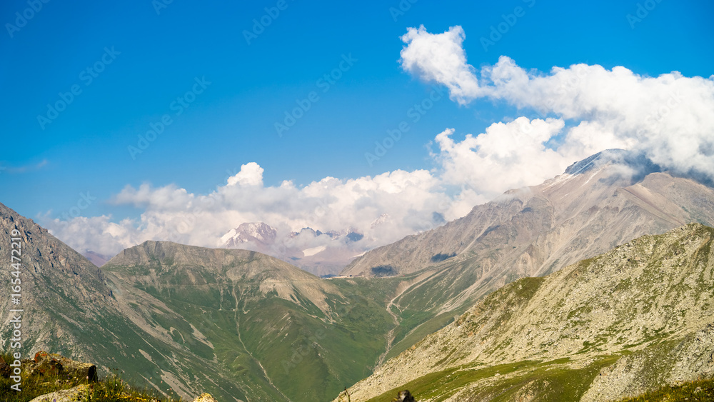 Fototapeta premium rocky mountain peaks in the clouds. summer in the mountains