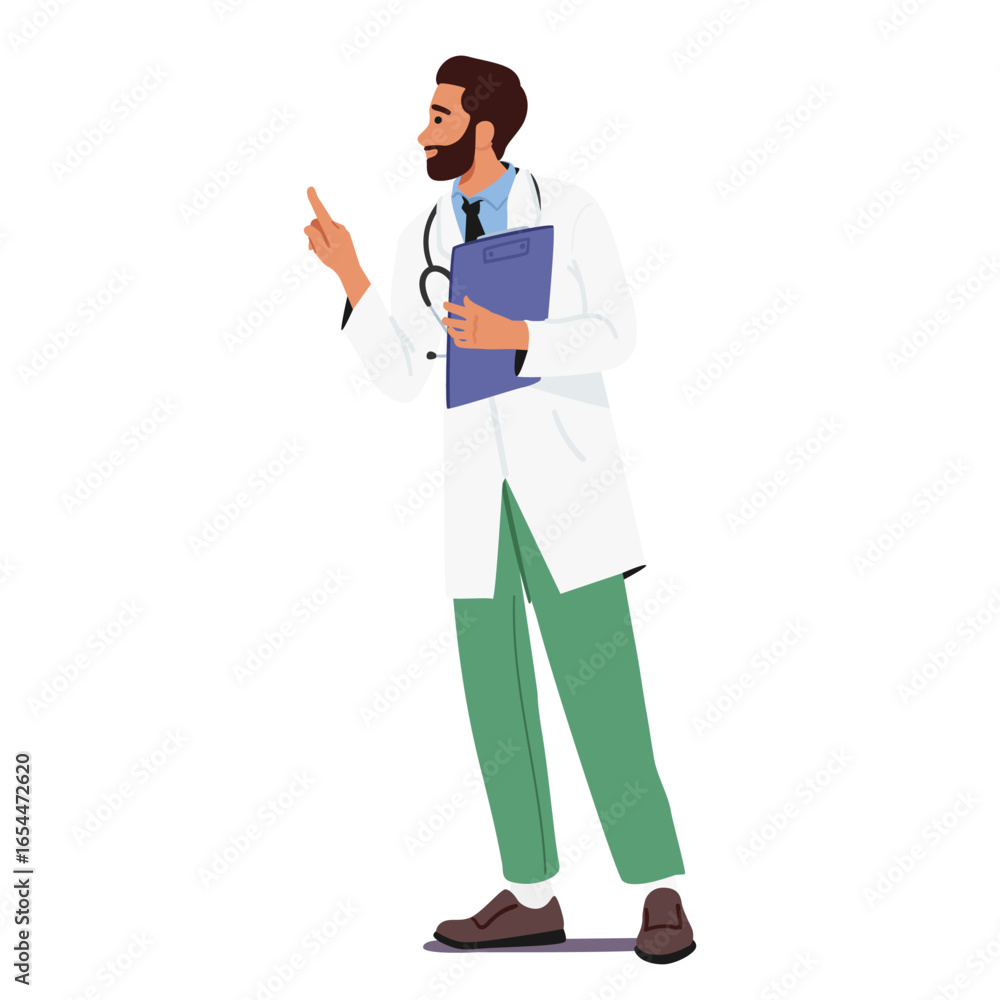 Man doctor isolated cartoon character wearing white coat uniform holding patient card clipboard Man doctor isolated cartoon character wearing white coat uniform holding patient card clipboard