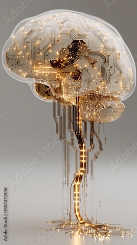 Glowing brain with circuit patterns inside, clean pale background with right copyspace,