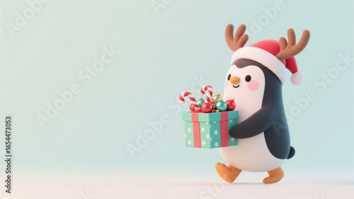 Cartoon penguin wearing a Santa hat and reindeer antlers carries a wrapped Christmas gift.