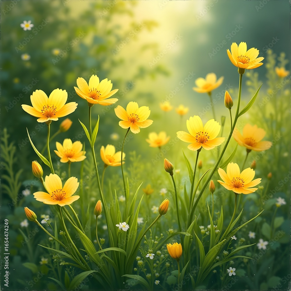 Obraz premium Beautiful yellow wildflowers in a sunlit meadow