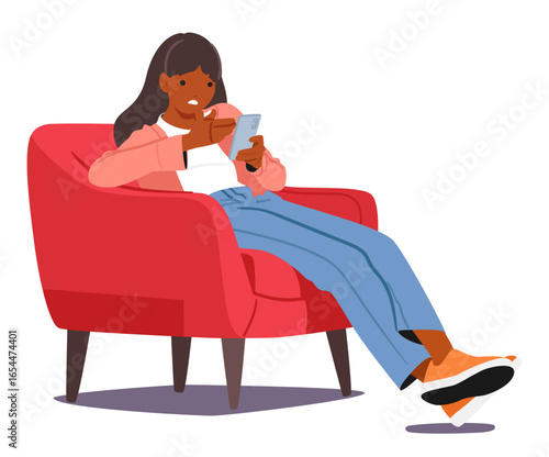 Emotional girl cartoon character feeling angry and irritated looking at mobile phone screen