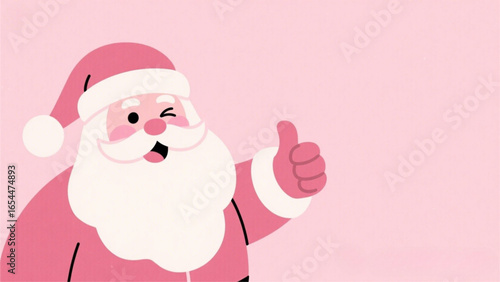 A cartoon Santa Claus giving a thumbs up against a pink background.