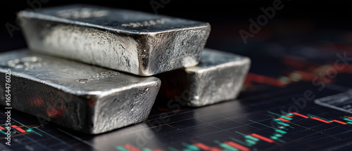 Shiny silver bars stacked on blurred financial chart symbolizing investment and wealth in metal assets.