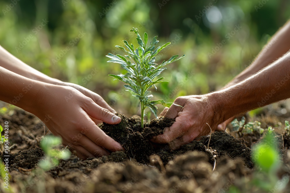 Fototapeta premium hands planting small tree growth and mental healing