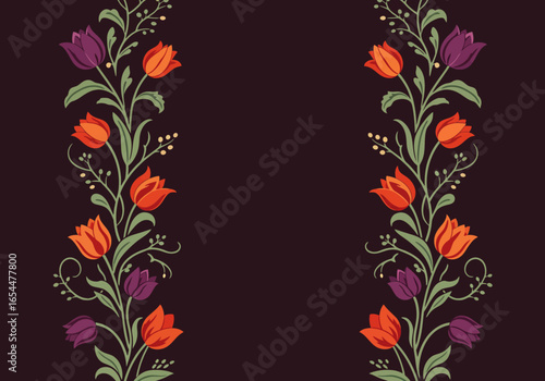 Ornate Floral Border with Orange and Purple Tulips.