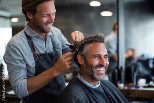 Smiling man getting haircut at barbershop by professional barber