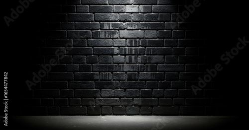 Black brick backdrop with water stains and a reflective ground surface, highlighted by overhead light that adds drama and urban grunge style.