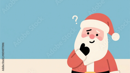Cartoon Santa Claus pondering a question against a light blue background.