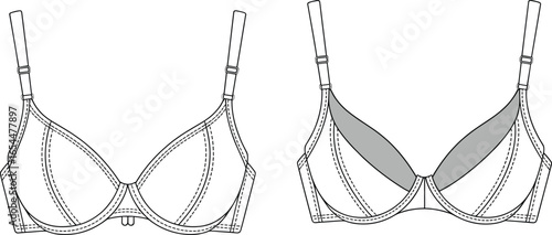 Women’s underwire bra flat sketch, lingerie fashion technical drawing, front view detailed template for clothing design and garment mockup