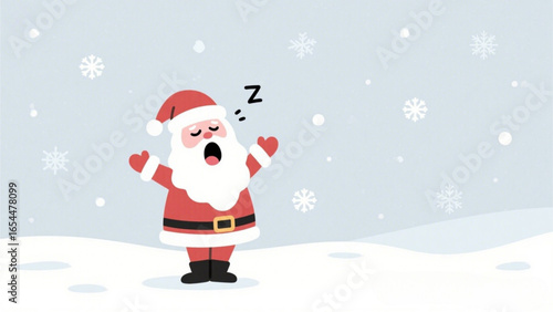 Cartoon Santa Claus yawning and sleeping in a snowy landscape.
