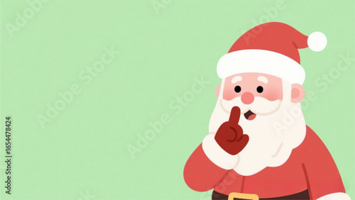 Santa Claus, cartoon style, gestures for silence, Christmas secret, pastel background.