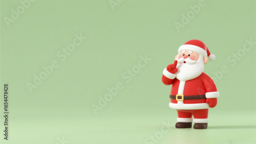 Cheerful 3D Santa Claus model,  gesturing thoughtfully against a pastel green background.