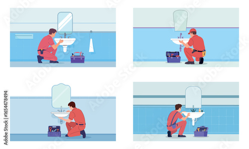 Plumber repairing bathroom sink with tools and equipment for service and maintenance work

