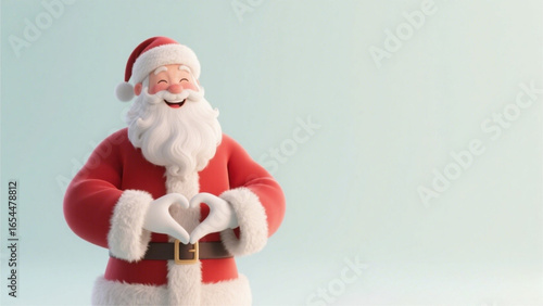 Cheerful Santa Claus making a heart shape with his hands, wearing a red suit and hat, against a light blue background.