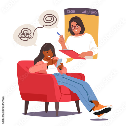 Irritated teenage girl having online therapy session with professional psychotherapist through phone