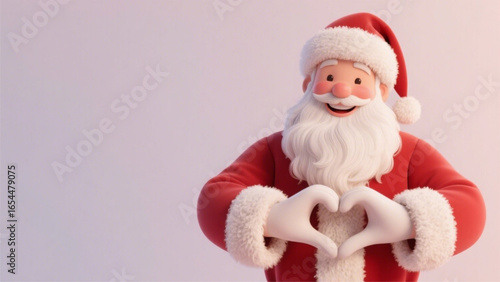 Santa Claus making a heart shape with his hands, wearing a red suit and hat, against a light background.