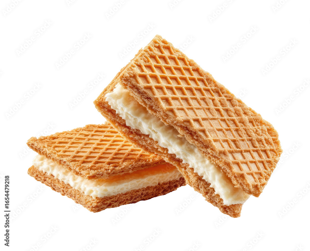 Two golden brown waffle sandwiches, filled with a creamy, off-white filling, angled slightly apart. The waffles have a diamond-patterned texture Two golden brown waffle sandwiches, filled with a creamy, off-white filling, angled slightly apart. The waffles have a diamond-patterned texture