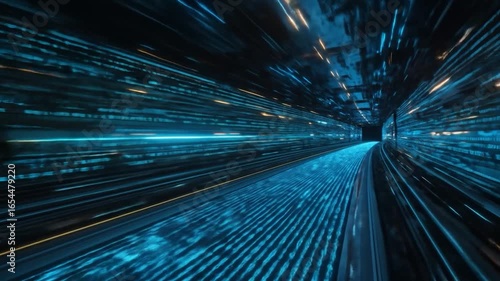 A futuristic tunnel lined with glowing binary code, showcasing a high-speed digital pathway.
