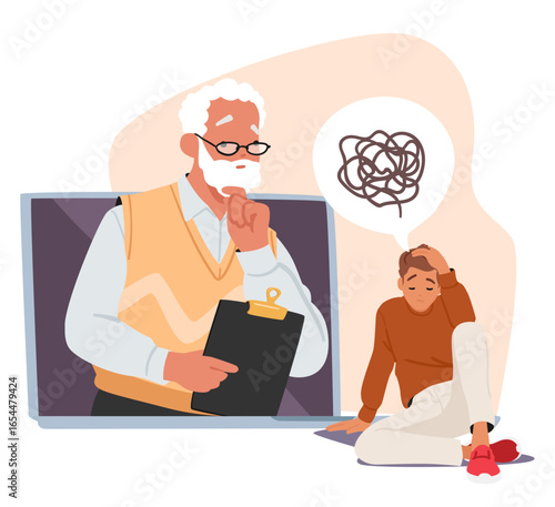 Frustrated teenage boy asked for professional psychotherapeutic help on online platform scene