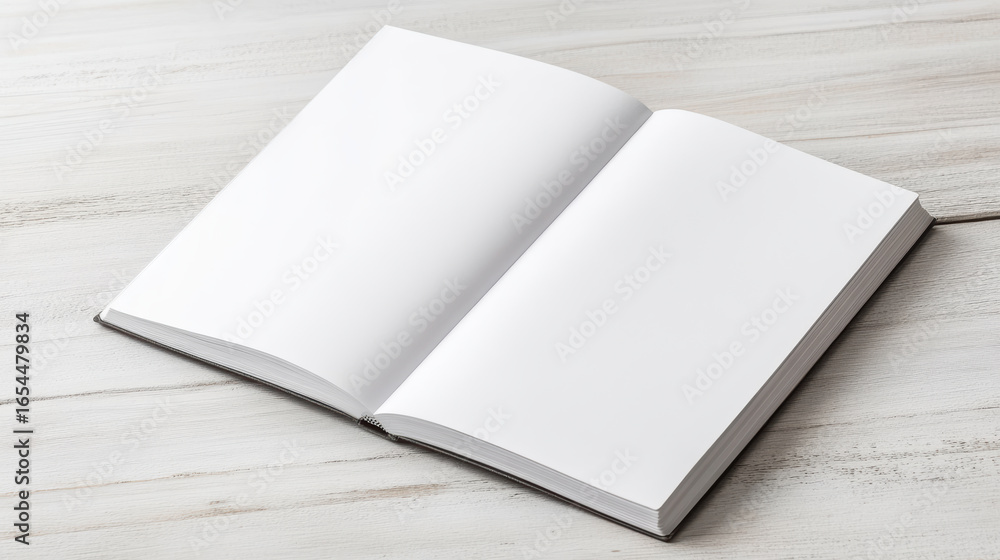 Fototapeta premium Blank notebook open on wooden surface, inviting creativity and ideas