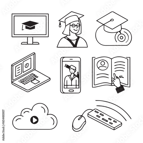 Online Learning Illustrations: A comprehensive collection of educational icons, depicting the core elements of digital learning, with graduation cap, monitor, laptop and cloud storage