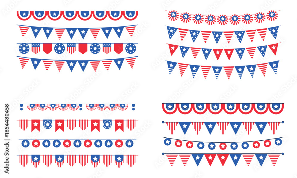 Obraz premium Patriotic usa bunting flags and garlands in red white and blue colors for holiday celebration 