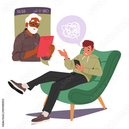 Anxious frustrated teenage boy communicating with man psychotherapist during online meeting