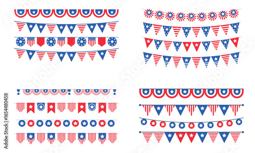Patriotic usa bunting flags and garlands in red white and blue colors for holiday celebration
