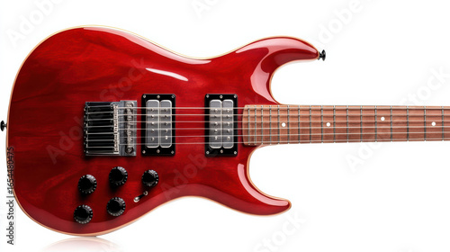 Glossy red electric guitar with dual pickups and control knobs, showcasing sleek design