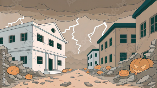 Desolate town after massive earthquake, featuring cracked buildings, debris, and scattered pumpkins under stormy sky