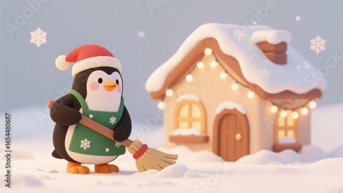 A cute penguin in a Santa hat and apron sweeps snow in front of a cozy gingerbread house decorated with Christmas lights.