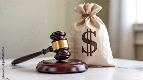 Gavel and money bag with dollar sign symbolizing legal justice and financial compensation in court proceedings