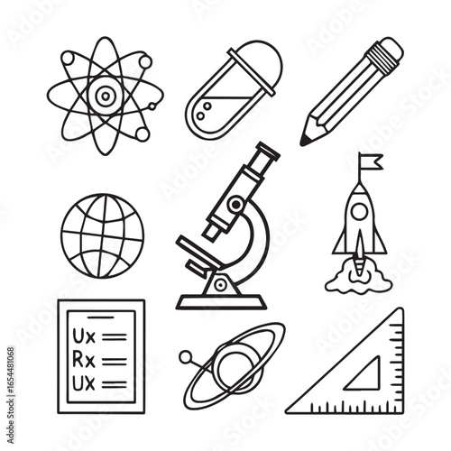 Science and Discovery: A black-and-white graphic illustration showcasing the diverse tools of scientific exploration, from microscopes to planetary models and a rocket ship. 