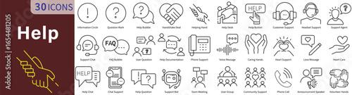 Help Icon Set in Line Style with Editable Stroke for Support, Assistance, Customer Service, and FAQ Solutions