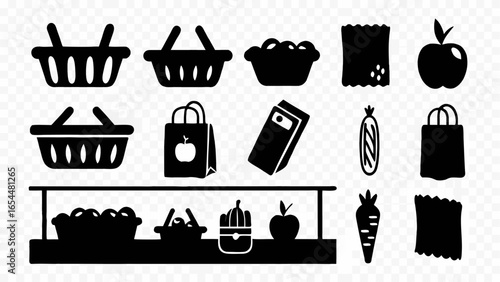 Fresh produce market vector art showing shopping baskets and bags filled with fruits and vegetables
