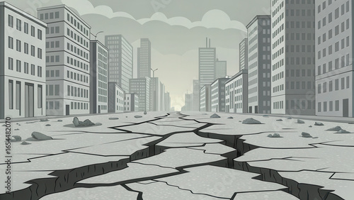 Ground shakes violently, splitting apart roads in desolate urban landscape filled with cracked pavement and abandoned buildings
