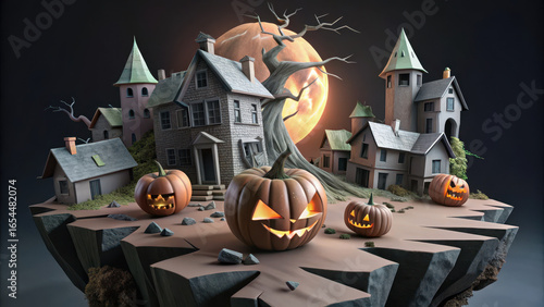 Haunted village scene with carved pumpkins, eerie houses, and full moon. atmosphere evokes spooky Halloween vibe, perfect for festive celebrations
