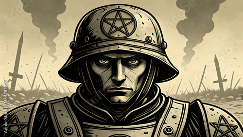 Soldier in helmet with pentagram symbol, standing in battlefield with smoke and swords in background, evokes sense of mystery and tension