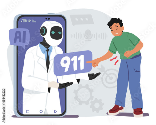 Preteen boy child cartoon character with strong abdominal pain calling emergency service with AI