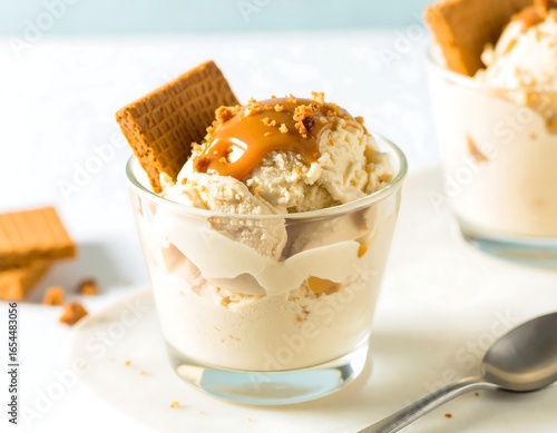 Delicious Caramel Ice Cream Sundae with Biscuit.