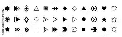 Bullet points. List icon set with geometric shapes, arrows, stars, hearts in outline style. Minimal user interface elements for apps, websites, infographics. Isolated vector bullet point collection