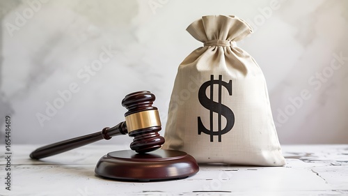 A wooden gavel rests beside a money bag with a dollar sign symbolizing legal justice and financial compensation in a courtroom