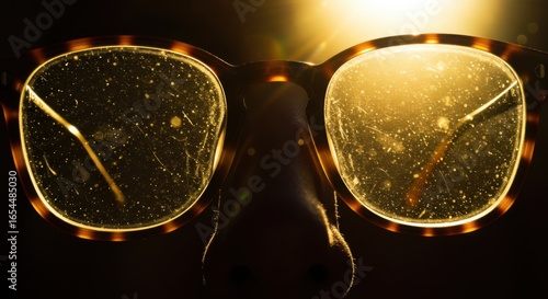 Worn eyeglasses with dust and scratches illuminated by a warm, golden backlight