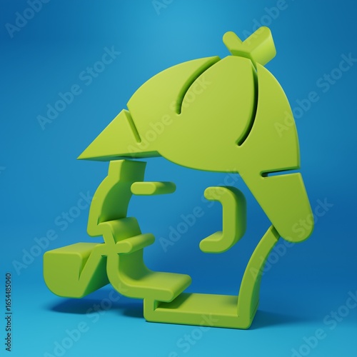 Green Sherlock Holmes with smoking pipe icon isolated on blue background. Detective. Minimalism concept. 3D render illustration