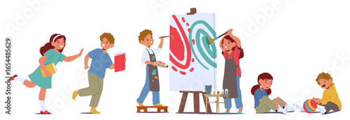 Happy schoolfriends playing, having fun, painting together cartoon back to school scene set