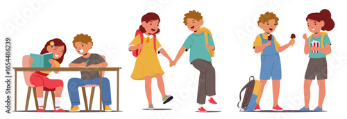 Happy schoolfriends walking to school, preparing homework, sharing snack during lessons break